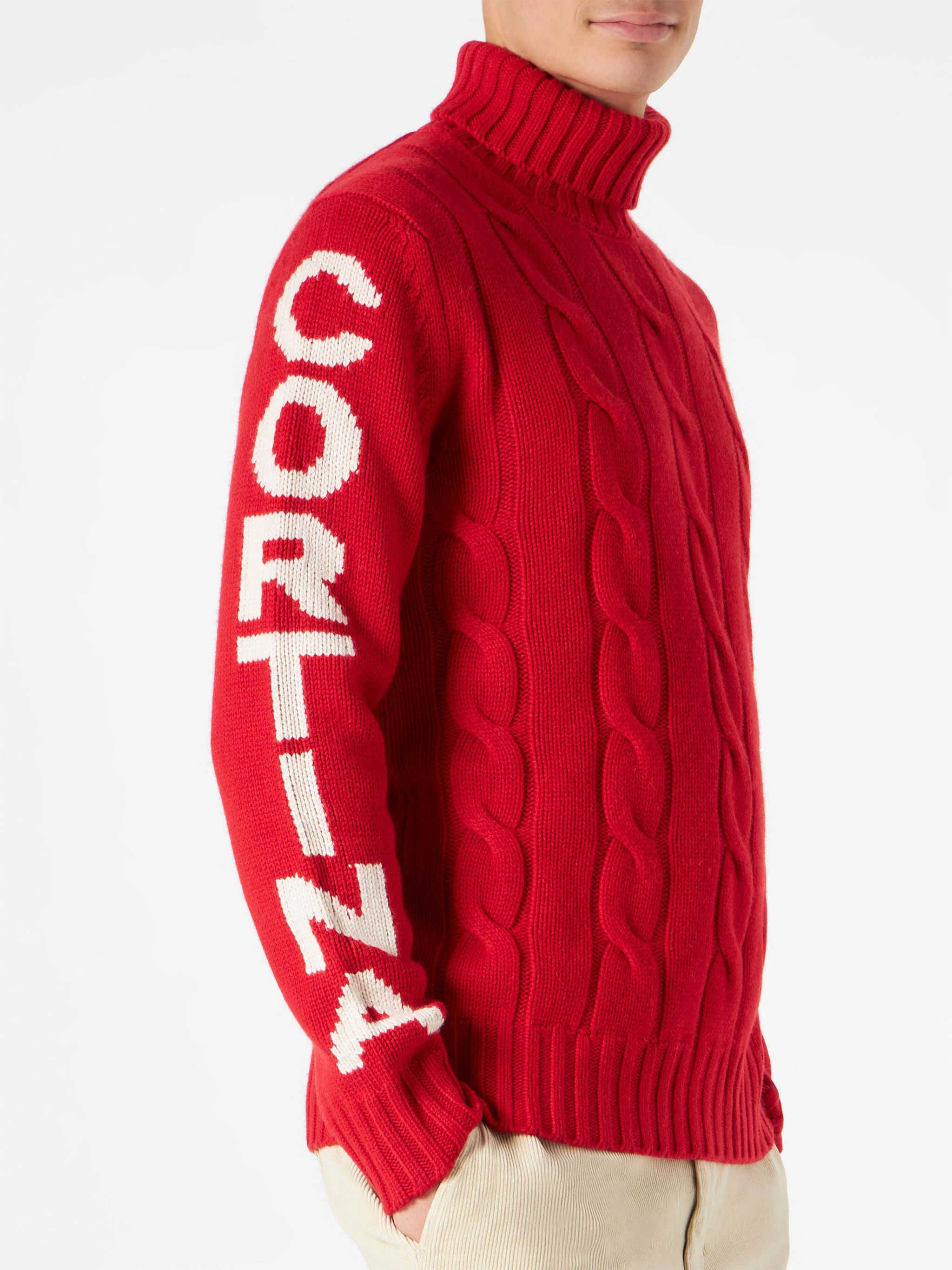 Maglione da uomo a collo alto intrecciato con stampa Cortina Ampezzo