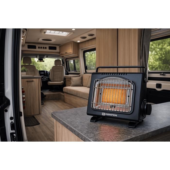 Calentador de gas portátil piezoeléctrico KEMPER de 1700 W con cartucho, sistemas de seguridad integrados y 2,5 horas de autonomía.