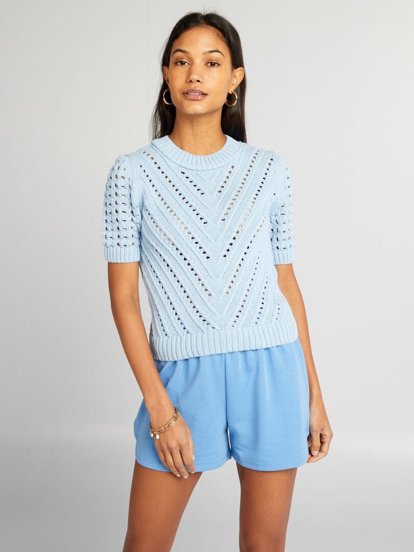 Jersey de punto calado de manga corta - AZUL