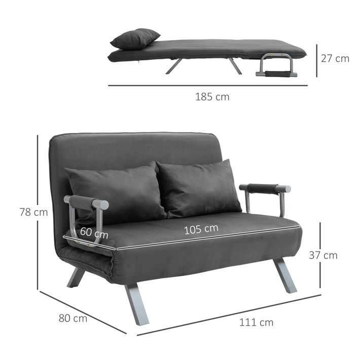 Sofá cama de 2 plazas - HOMCOM - sillón convertible con respaldo de 5 posiciones, 2 cojines extraíbles - ante - 111x80x78cm - gris oscuro