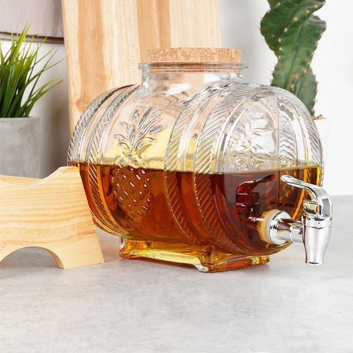 Dispensador de bebidas VILDE de 3 litros con grifo - Cristal grueso - Soporte de bambú - Tapa de corcho - Diseño de piña