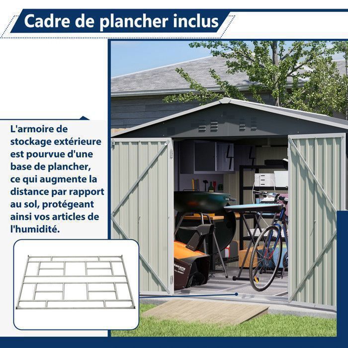 Caseta de jardín metálica Thanaddo de 14,4 m³, 300 x 252 x 191 cm, kit de anclaje incluido, 2 puertas con bisagras - Gris