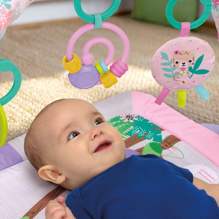 BRIGHTS STARTS Petit tapis d'éveil bébé pliable rose, arche de jeux, 5 jouets bébé, miroir, cartes, boulier et anneau de dentition