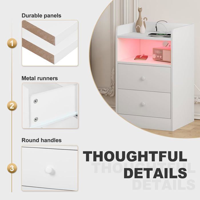 Juego de 2 mesitas de noche WOLTU con luz LED, mesa auxiliar con estación de carga, enchufes y puertos USB, color blanco W0ETT0150-2