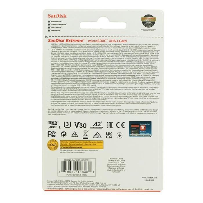 Carte Micro SD - SANDISK - Extreme - 128 Go - Classe 10 U3 V30 - Jusqu'à 190 Mb/s