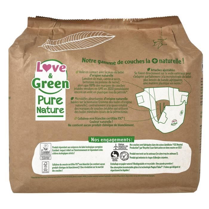 Pannolini ipoallergenici non sbiancati Pure Nature LOVE AND GREEN - Certificazione Ecolabel, taglia 4 x 38 (da 7 a 14 kg)
