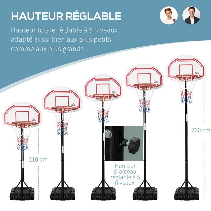 HOMCOM - Aro de baloncesto independiente - Acero - 70x76x258-314cm - Negro