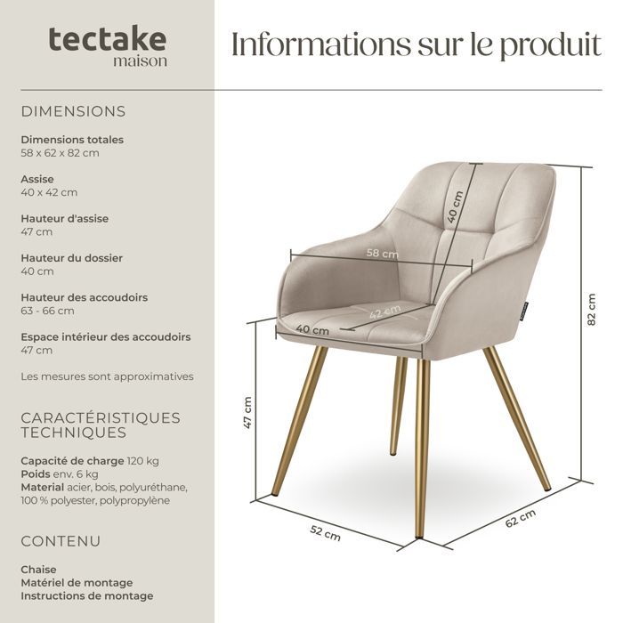 Silla - TECTAKE - Silla de comedor MARYLIN en aspecto de terciopelo con patas de acero dorado - Topo/Dorado