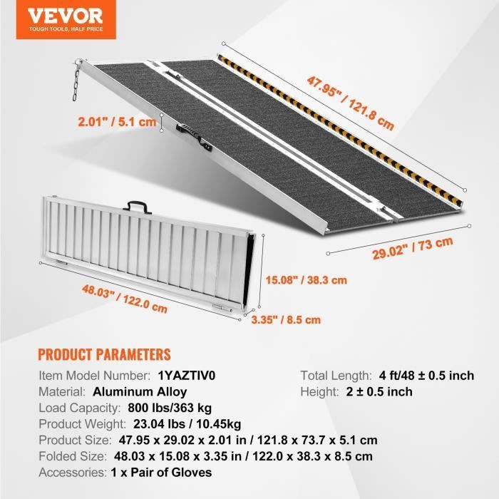 Rampa plegable - VEVOR - 121,8 x 73,7 x 5,1 cm, capacidad de 363 kg, aleación de aluminio, para scooters, personas con discapacidad, escalones