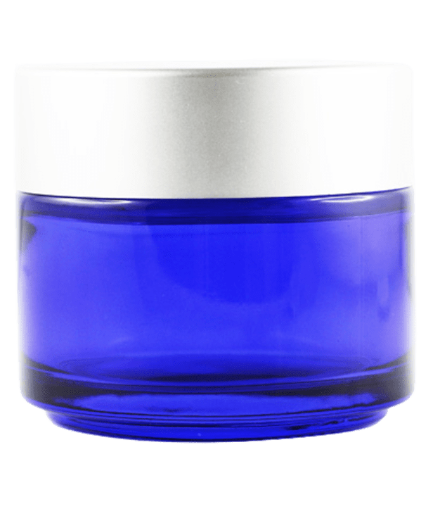 Pot verre bleu 100 ml avec capot argent mat