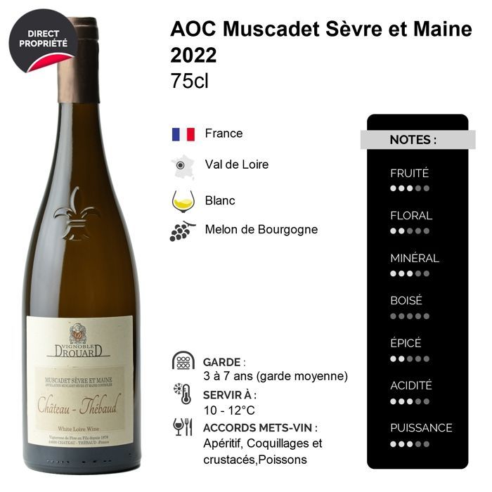 Drouard Vineyard Muscadet Sèvre et Maine Château Thebaud 2022 - Vino Blanco del Valle del Loira (6x75cl)