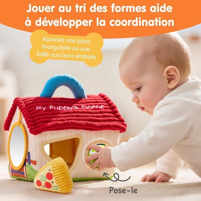 Juguete para bebés de 6 a 12 meses: Set de perro de peluche sensorial - Juguete Montessori para niños con sonajero, sonido crujiente y espejo.