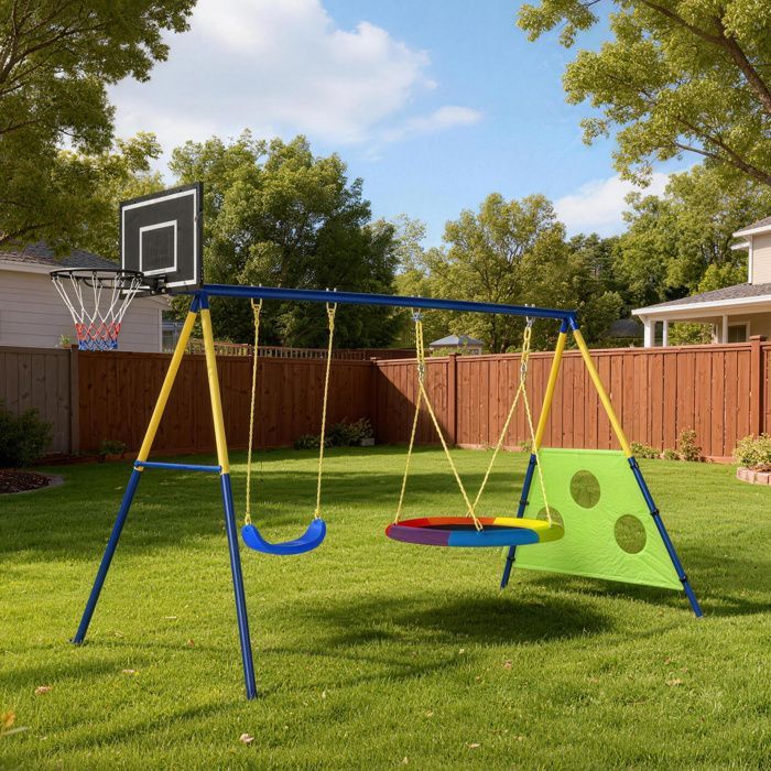 Columpio infantil AIYAPLAY 4 en 1: columpio nido, portería de fútbol, estructura de acero, para niños de 3 a 8 años, multicolor.