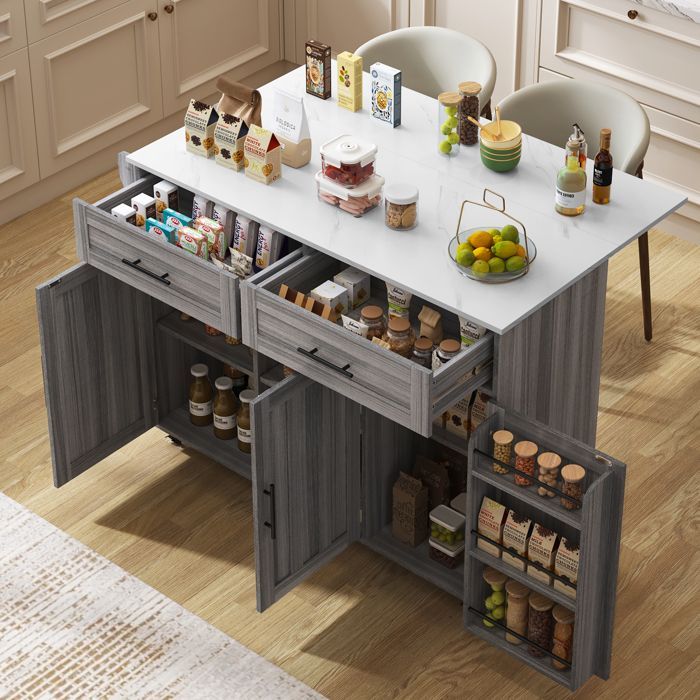 Desserte à Roulettes Cuisine rangement en bois multifonctionnelle avec plan de travail -avec tiroir-L129 x P46(71) x H91.5 cm-Gris