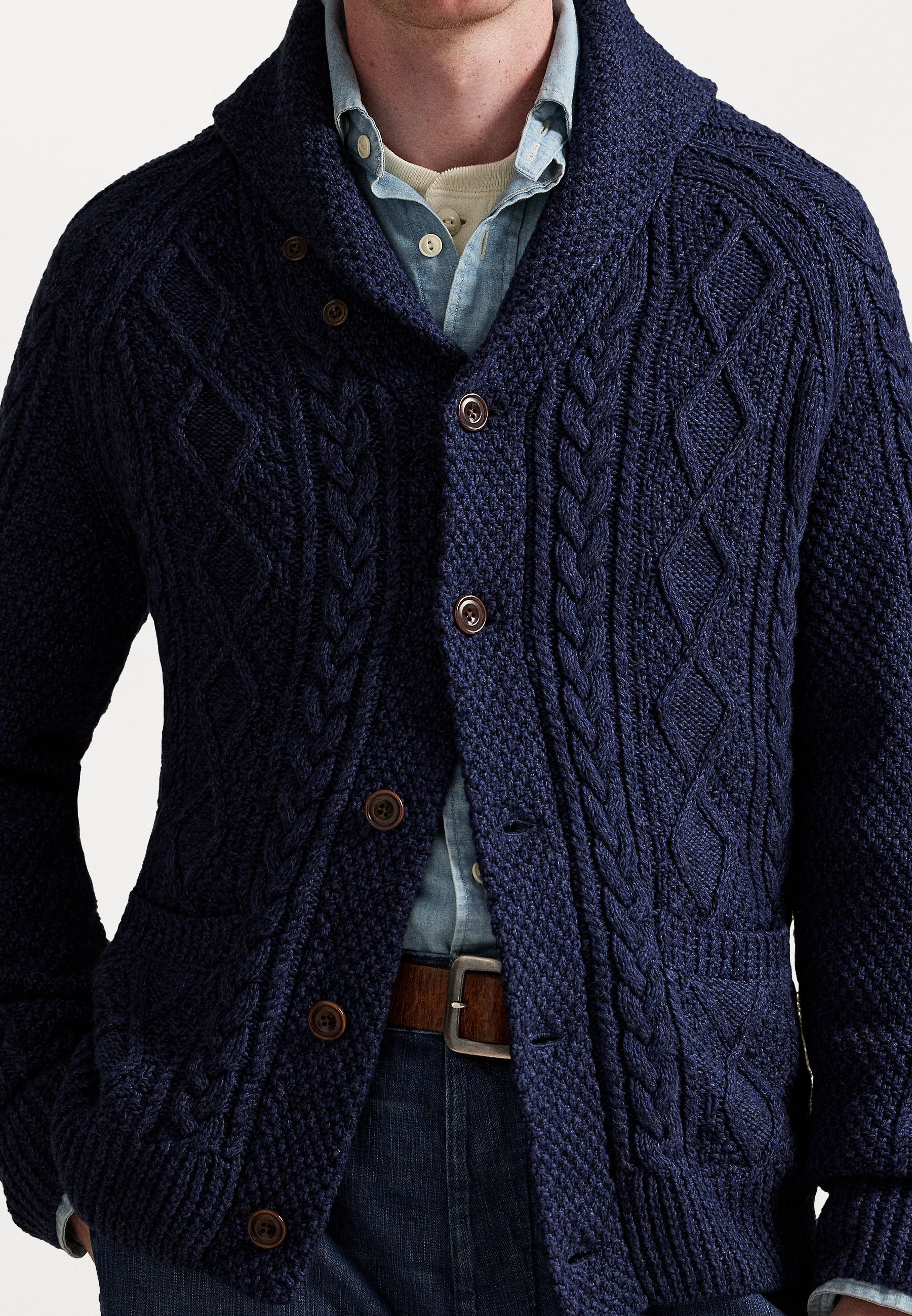 Polo Ralph Lauren ARAN-KNIT COTTON SHAWL-COLLAR CARDIGAN - Kardigan - navy