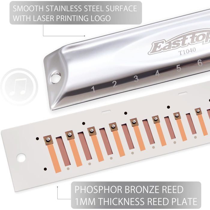 Armonica cromatica professionale - STAMPATA - 10 fori - 40 toni - Tonalità Do - Bronzo fosforoso