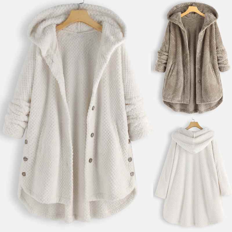 Cappotto e giacche da donna taglie forti: giacca in pile con cappuccio, maniche lunghe, bottoni e tasche; design asimmetrico (irregolare)