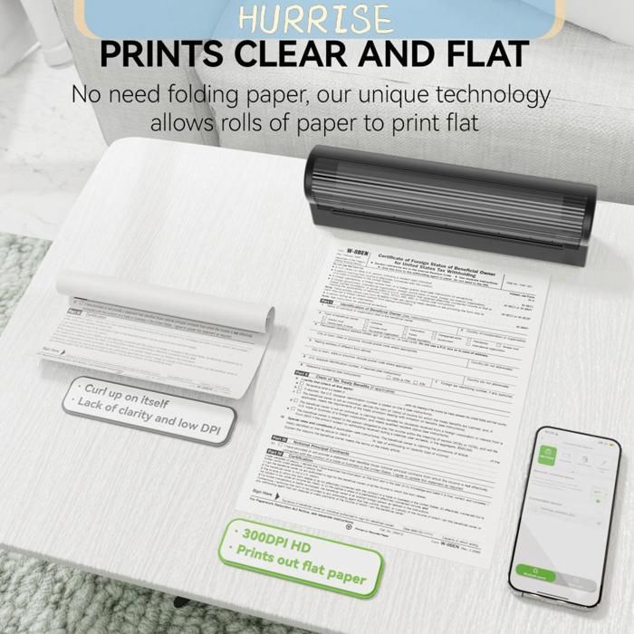 Tbest imprimante thermique Imprimante papier A4 à transfert thermique Direct, 300dpi, sans fil, Mini imprimante bureau pack Noir
