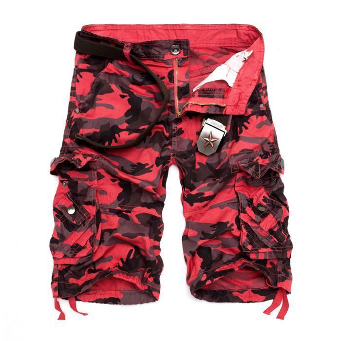 Bermuda cargo para hombre, pantalones cortos de camuflaje con múltiples bolsillos - Estilo militar - Rojo