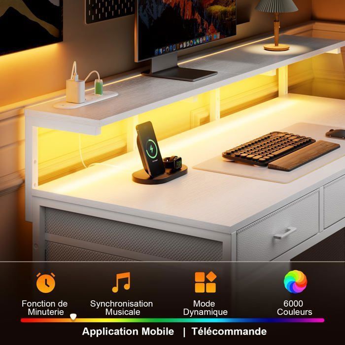 Escritorio HLONONE con 8 cajones de tela, 120 × 50 cm, escritorio para juegos con iluminación LED, tomas de corriente y puertos USB, escritorio para gamers, blanco.