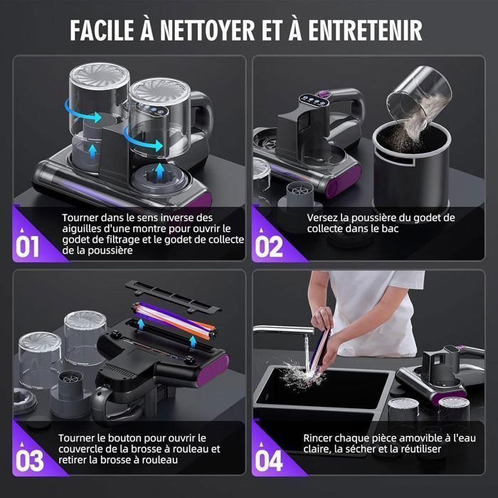Aspirateur Anti-acariens 16 KPa, 500 W, Lumière UV 253,7 nm, 30 000 Tours/min, Élimine 99,9 % des Acariens et des Bactéries