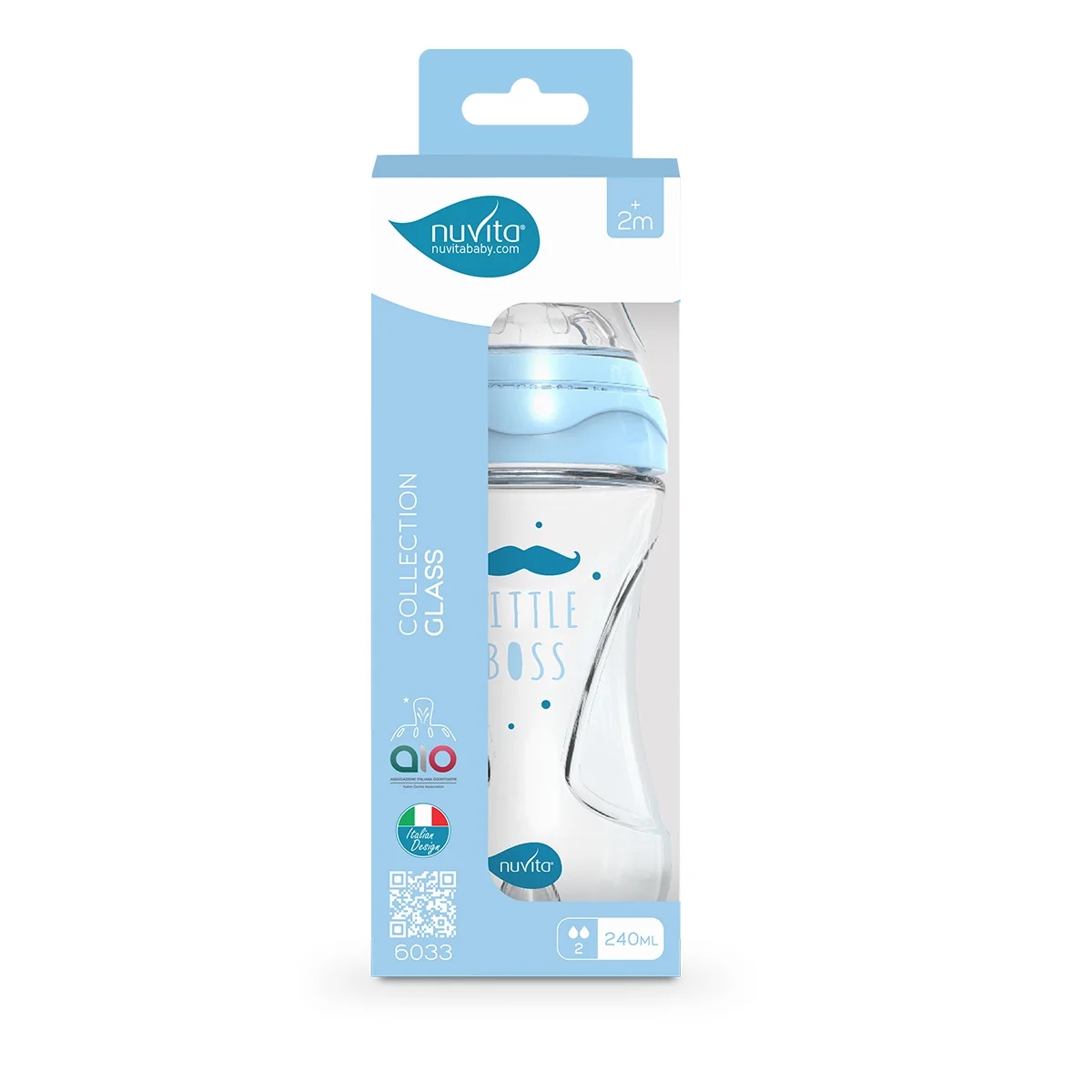 NUVITA Glazen babyfles Nuvita Collectie, blauw glas, 240 ml met anti-koliekventiel