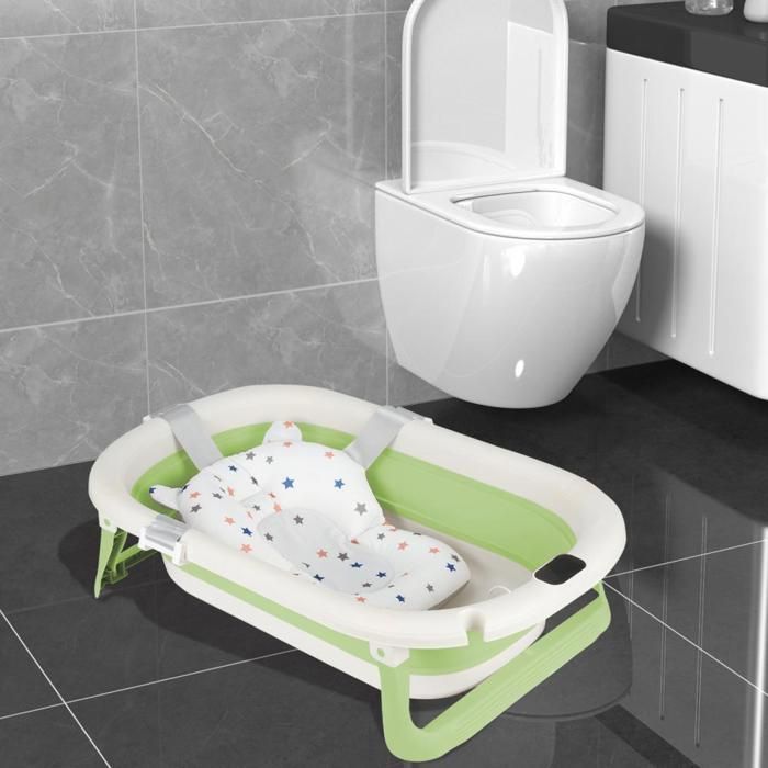 Bañera plegable para bebé MIPAN - Con tapón de drenaje + termómetro digital + cojín de asiento - Patas antideslizantes - Verde