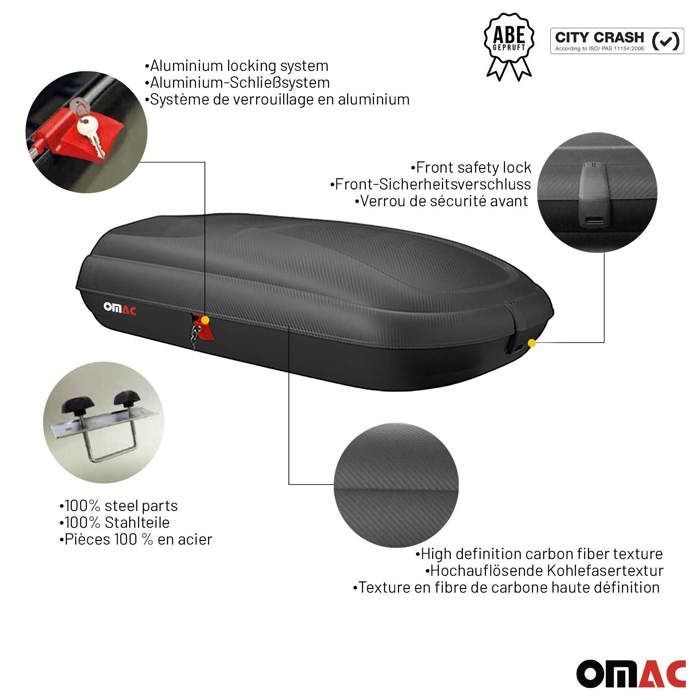 OMAC 320-litre textured carbon fibre roof box, approved