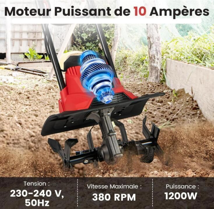 Motocultor eléctrico con cable - RELAX4LIFE - 1200W - 4 cuchillas - Profundidad de trabajo de 22cm - Ancho de 36cm - Manillar plegable - Rojo