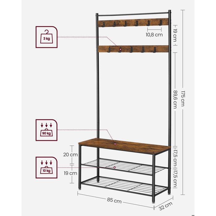 VASAGLE Porte-manteau avec Étagère à Chaussures, Meuble d’Entrée avec Banc, 3-en-1, Cadre en Acier, 32 x 85 x 175 cm, Marron et Noir