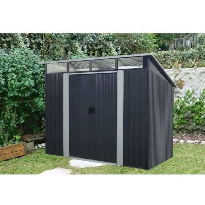 Abri de jardin en métal 4,61 m² - 238 x 193 x 202 cm - SOLER - Kit d'ancrage inclus, 2 portes coulissantes - Gris