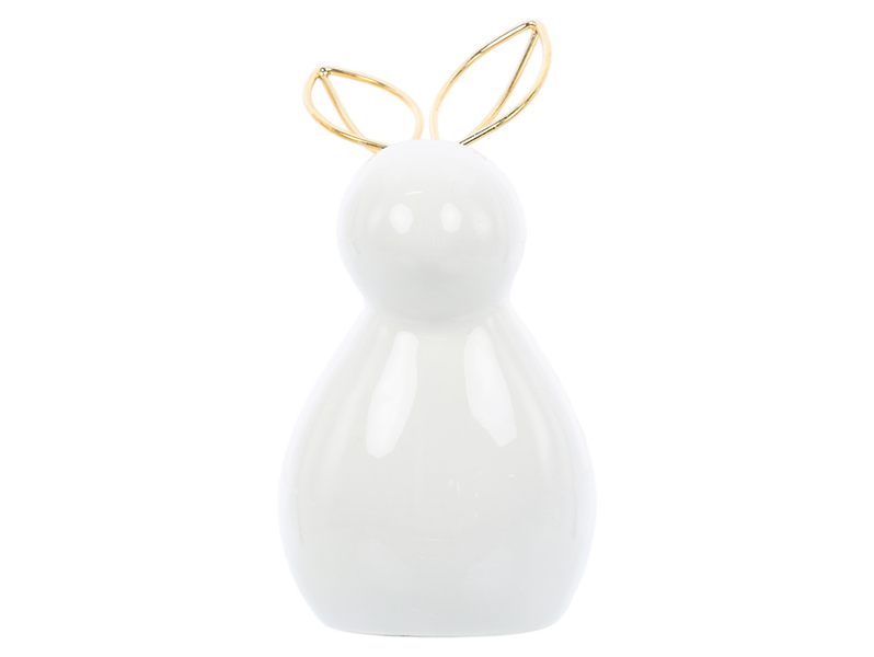 Figurka ceramiczna Zając z metalowymi uszami 12 cm biała