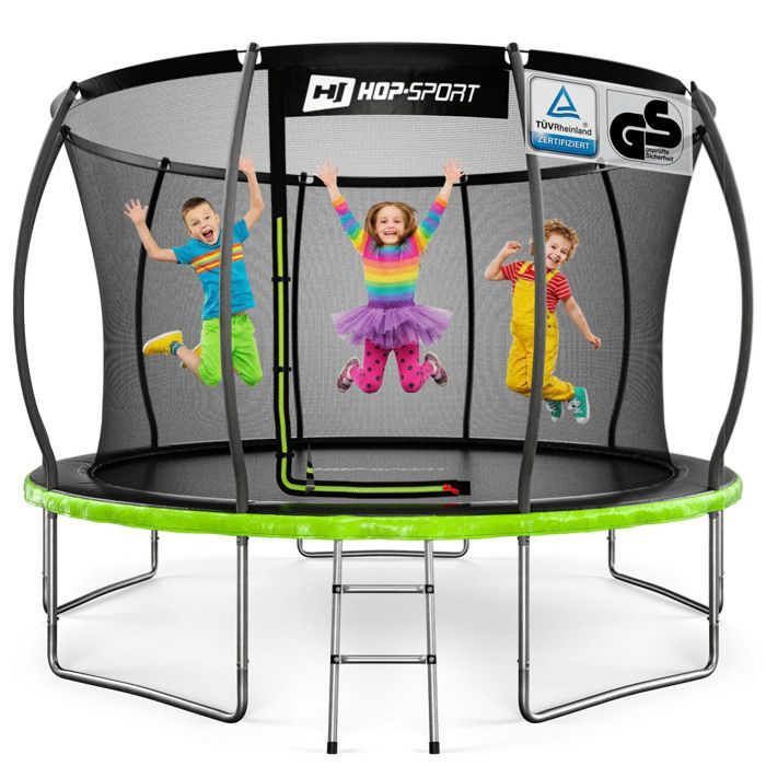 Cama elástica redonda Hop-Sport de 366 cm para uso externo, ideal para crianças. Kit completo para jardim, rede de segurança, suporta até 150 kg e possui certificação TÜV/GS.
