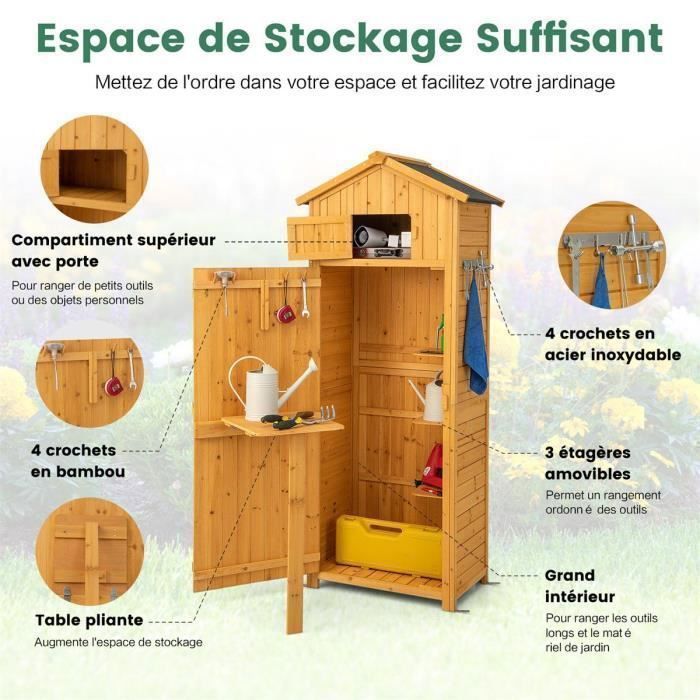 COSTWAY Gartenhaus aus Tannenholz, 180,5 cm – 3 herausnehmbare Regalböden – Klapptisch – wasserdichtes Asphalt-Dach – 8 Haken – Natur