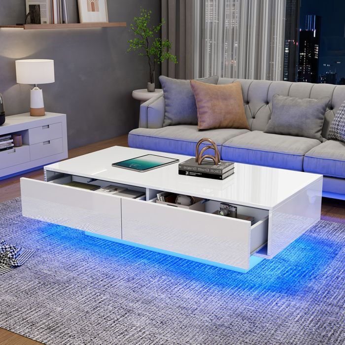 Tavolino moderno con 2 cassetti e illuminazione a LED, complemento d'arredo per soggiorno, 115x55x34 cm, bianco lucido.