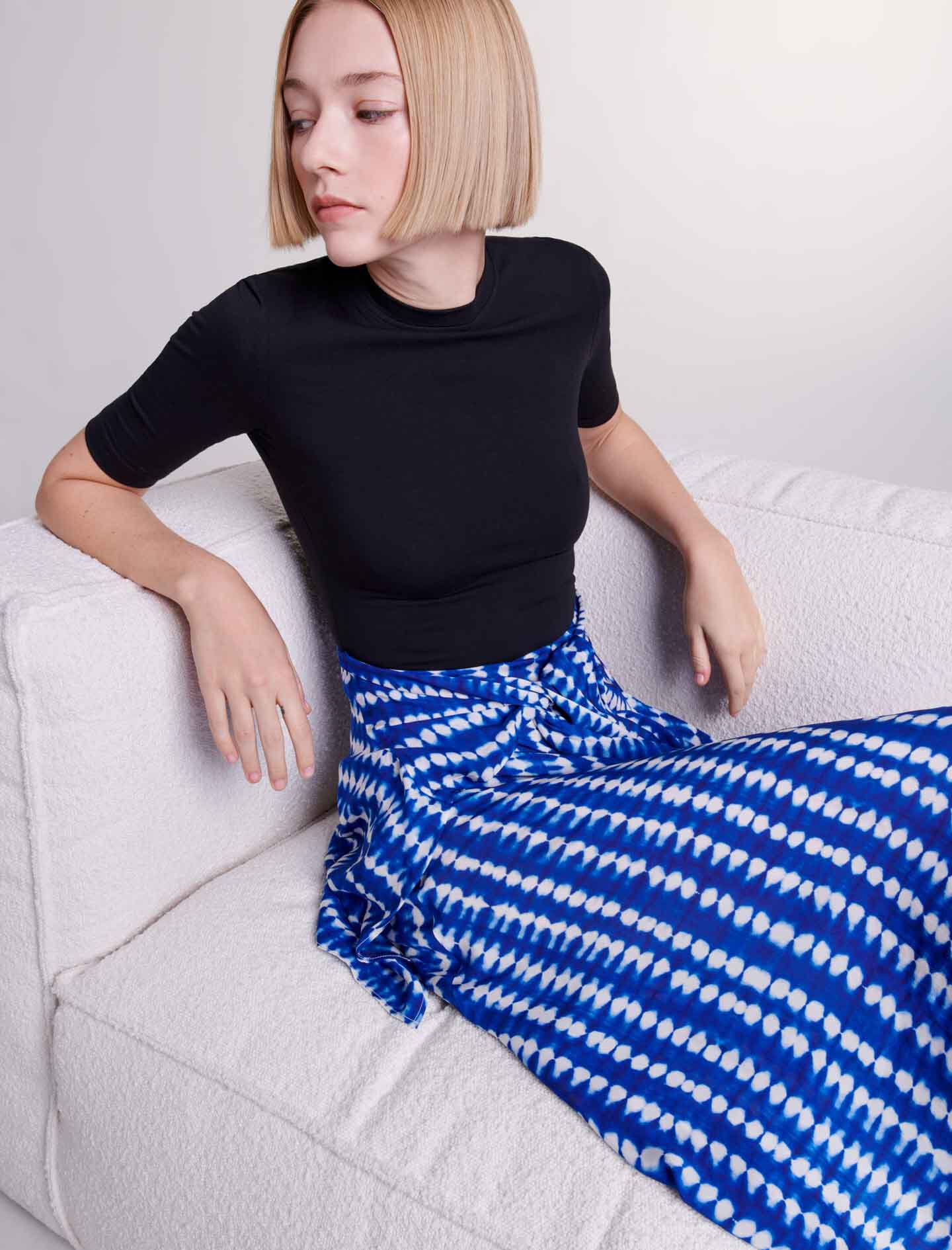 Rochie lungă cu efect 2 în 1 - imprimeu tie-dye, picătură albastră