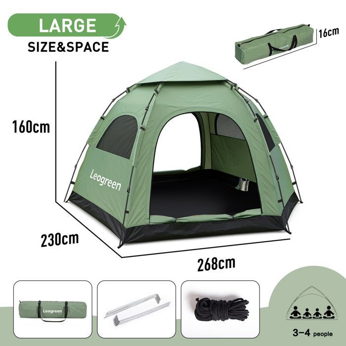 Tenda da campeggio, tenda pop-up per 3-4 persone, formato esagonale extra-large, impermeabile, antivento, con protezione UV.
