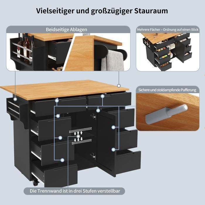 Carrito de cocina - TKOPY - Isla de cocina rodante con 8 cajones y especiero - 122x74,5x91,5cm - Negro