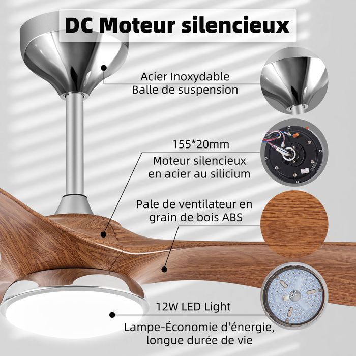 Ventilateur Plafond avec Lumiere,132 cm avec Lumière LED à Intensité Variable, Lames en ABS à Grain de Bois Modernes, Télécommande
