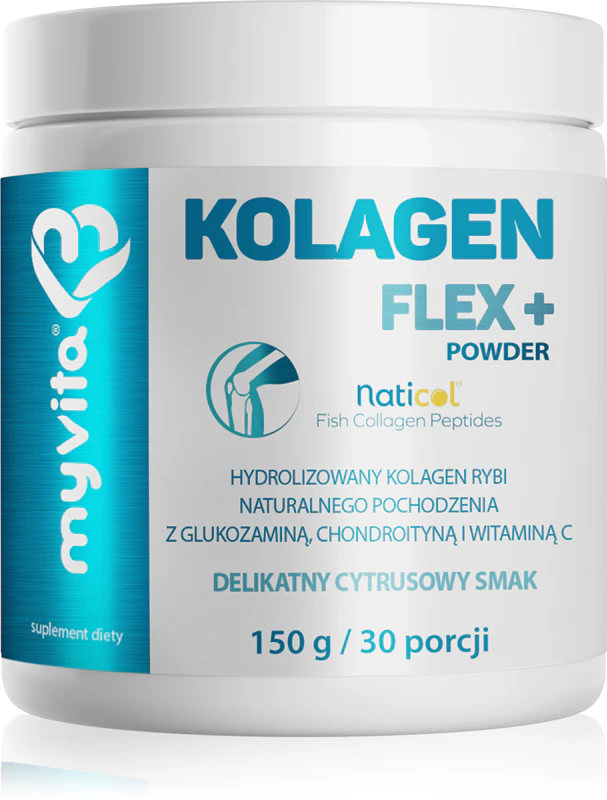 Suplemento alimentar MyVita Kolagen Flex+: colágeno hidrolisado para articulações, ligamentos e pele.