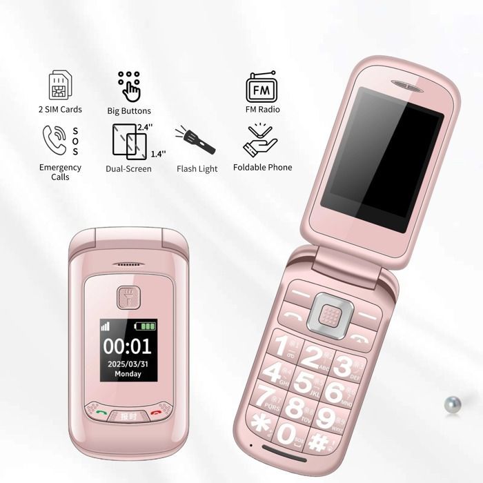 G660 Seniorenhandy für ältere Menschen, Dual-LCD-Bildschirm mit großen Tasten | SOS-Taste – Rosa