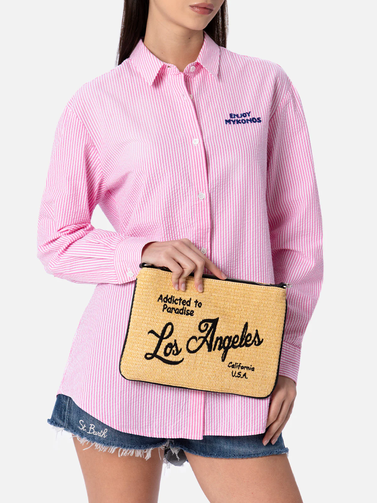 Parisienne clutch van stro met Los Angeles-borduurwerk