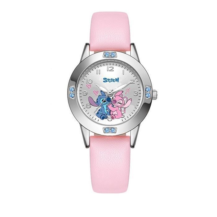 Reloj infantil Stitch & Angel – Reloj de cuarzo rosa para niñas | Correa de piel vegana | Diseño oficial de Disney