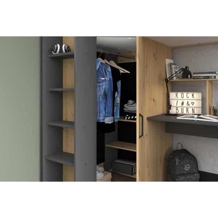 PARISOT HIGH Kinder-Hochbett – Eiche und Grau – Inklusive Lattenrost – 90 x 200 cm