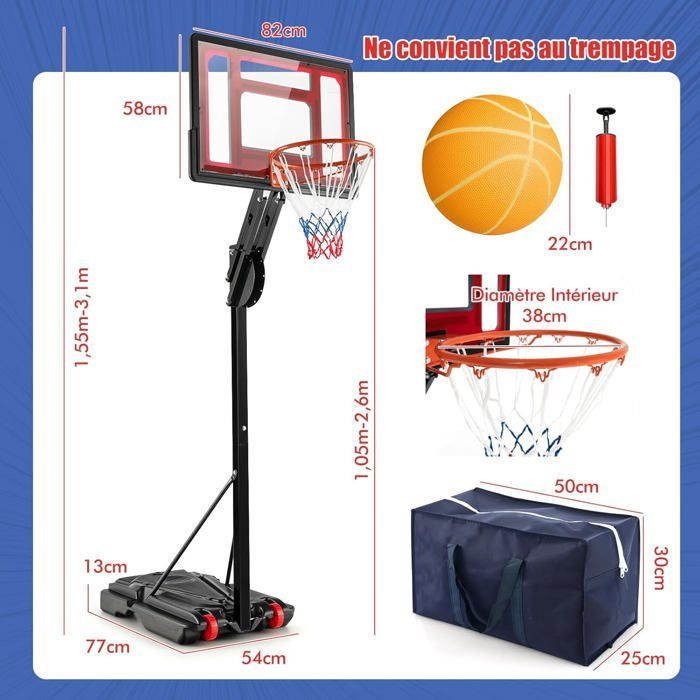 Aro de baloncesto independiente COSTWAY, altura ajustable de 105 a 260 cm, tablero de 82 cm, 2 ruedas, base rellenable de 35 L, balón y bomba incluidos.