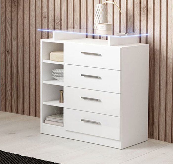 Meuble d'entrée avec 4 tiroirs | Blanc brillant | Etagère en verre et lumière LED | L 80 x P 35 x H 87,5 cm | Modèle Paola 4C