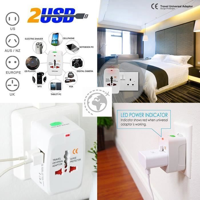 Adaptador de viaje - ZISONIX - Universal - 2 puertos USB - Compatible con 150 países - EE. UU./UE/Reino Unido/Australia