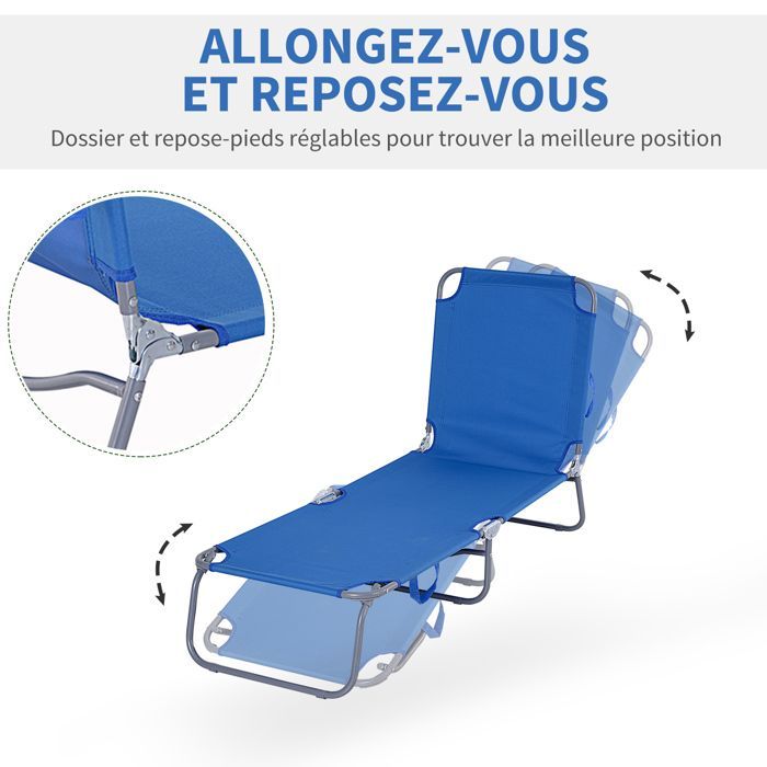 Outsunny - chaise longue - transat - Métal - 187x55x24cm - Bleu