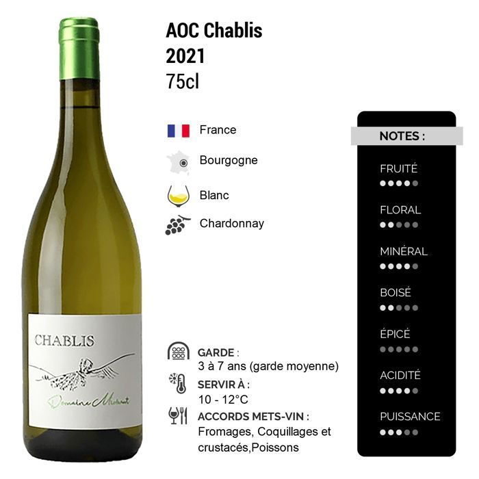 Domaine Michaut Chablis 2021 - Vino blanco de Borgoña (6 x 75 cl)