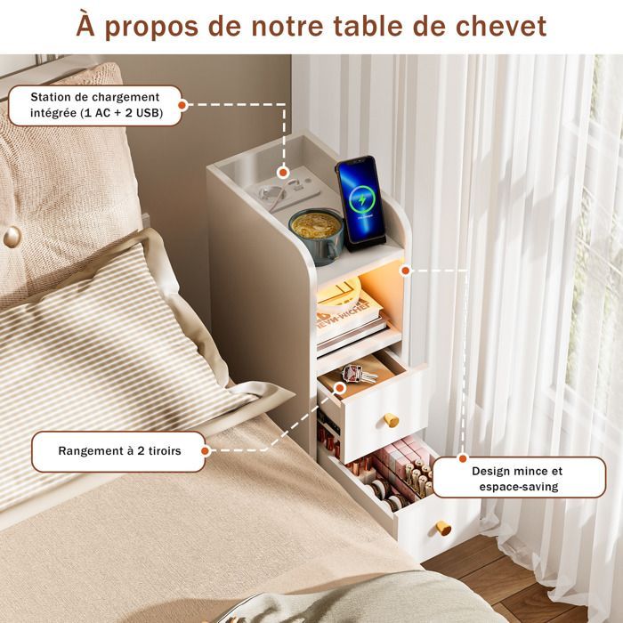 Table de Chevet Étroite 2 Tiroirs 4 Niveaux avec Prise Recharge 1AC/2USB et Lampe LED - Rangement pour Chambre 30x20x60 cm - Blanc
